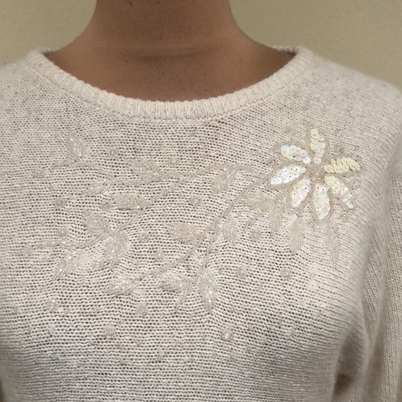 Vintage Pronto Moda Sweater Size Small Cream Sequin Beaded Dolman Sleeve - Picture 3 of 12